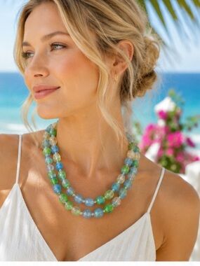 Vintage Hong Kong Blue Green Swirl Lucite Double Strand Necklace 18” MCM